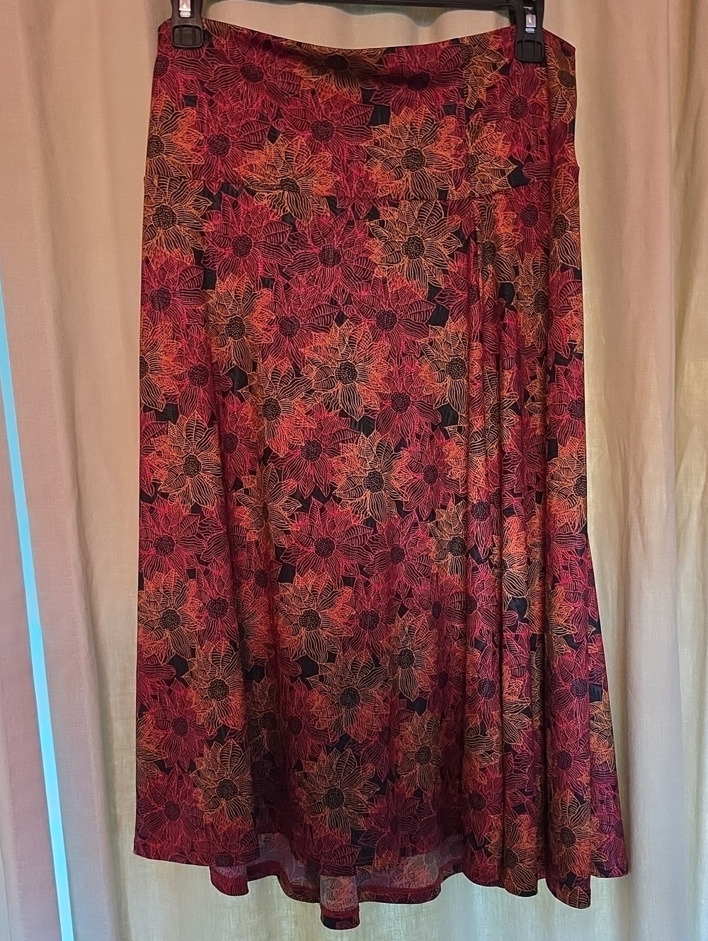 LuLaRoe A-Line Midi Skirt in Burgundy, Black and Gold Sunflower Floral